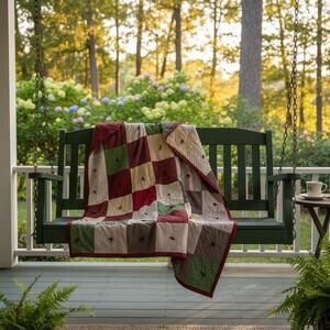 Vintage Patchwork Quilt Burgundy 60x80 Green‎ Cottagecore Farmhouse Throw
